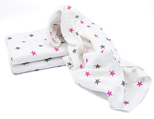 ClevereKids Langes bébé en mousseline de coton colorées | Lot de 3 | 70 x 80 cm | double tissage | certifié Oeko-Tex Standard 100 (Pink-Grey Star) Cover