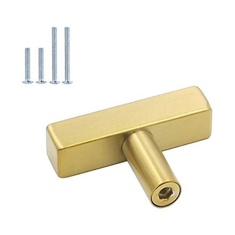 goldenwarm 10Pack Brushed Brass Cabinet Knobs Furniture Hardware Drawer Pulls LS1212GD Gold Kitchen and Bathroom Knobs T Bar Square Cupboard Door Handles 2 Inch Overall Length Cover