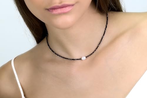 Collier de perles noires spinelle 2mm et perle d'eau douce en or pour mariage - 6