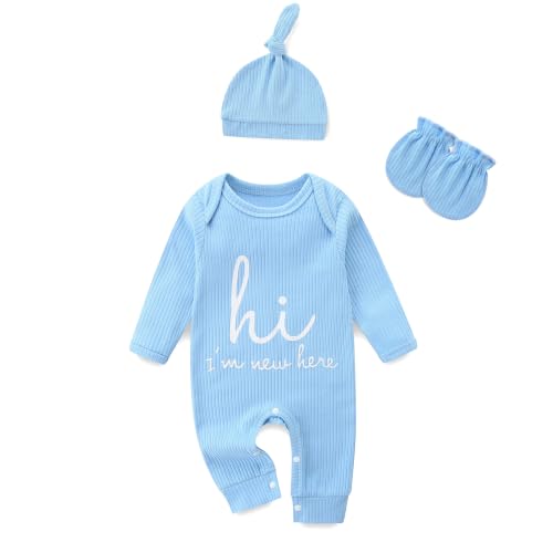 Jomixa Newborn Girls and Boys Romper, Hi I’m New Here Long Sleeve Cotton Baby Clothes, Coming Home Outfit (Blue, Newborn)