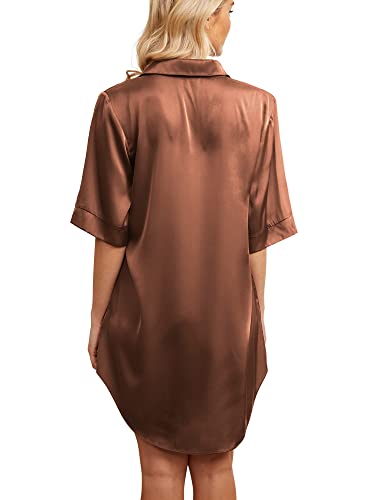 Pokwai Womens Satin Nightgown Button Down 3/4 Sleeve Nightgown Silk Sleepshirt Night Shirts For Women(Brown,Xx-Large) #TOP5