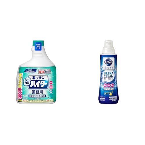 花王(Kao) 台所掃除セット キッチン泡ハイター つけかえ用 1000mL 塩素系漂白剤 業務用 厨房用 プロ pro + キュキュット ウルトラクリーン 食器用洗剤 食洗機 洗剤 すっきりシトラスの香り 本体480g