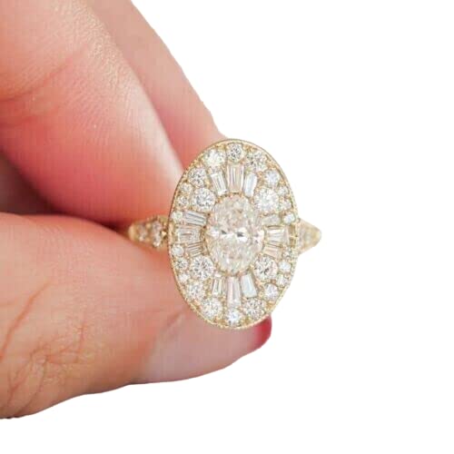 SilverDia 2 Ct Oval & Baguette Cut Diamond Cluster Dainty Fancy Solitaire Engagement Rings For Women 14K Yellow Gold Over 925 Sterling Silver Handmade Anniversary Ring Customized Birthday Gift For Her