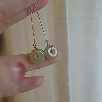 LRESJJIUJ Hetian Jade Donuts Drop Earrings Silver Gold Plated Retro Literary Style Wedding Bridal Chandelier Earrings for Women