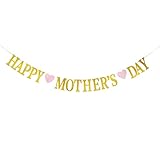 Happy Mother's Day Banner Set Gold Glitter Banner Decoration for Mother's Day Party Decorations Backdrop Garland for Mom Mother's Day Glitter Garland Photo Props (Gold Letter & Pink Heart)