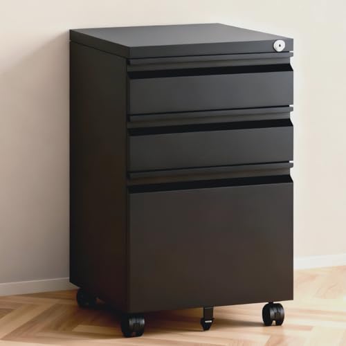 Image of TEEALUBAN 3 Drawer File Cabinet with Lock,Under Desk Rolling Small Filing Cabinet for Home Office Storage,Mobile Steel Cabinets with Wheels,Black,Requires Assembly