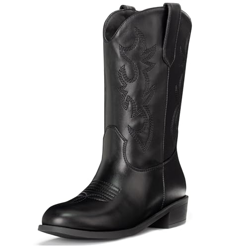 Cowboy Cowgirl Boots for Girls Boys Almond Toe Fashion Embroidery Western Mid Calf Riding Boots(Little Kid US 1,Black)