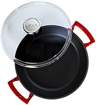 Lava Enameled Cast Iron Round Skillet with Loop Handles and Glass Lid - 9.5 Inch Diameter, Three Layers of Enamel Coated Oven and Grill Safe Frying Pan (Red)