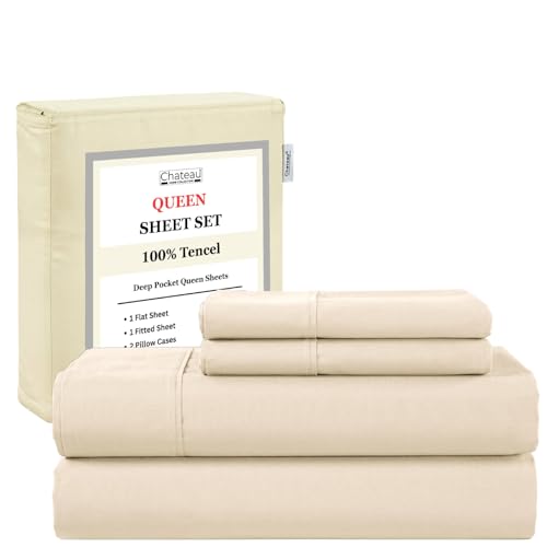 CHATEAU HOME COLLECTION 100% Tencel Sheet Set, Soft, Breathable 300 Thread Count Oeko-TEX Certified Queen Bed Sheets, Cooling Sheets, Fits Mattresses Upto 17