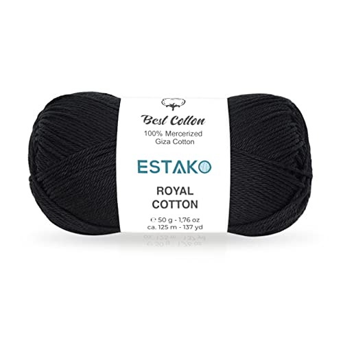 Image of Estako Royal Cotton, 100% Mercerized Giza Cotton Yarn, Soft, Super Fino 1 for Crochet and Knitting 1.76 Oz (50g) / 137 Yrds (125m) (5057 - Black)