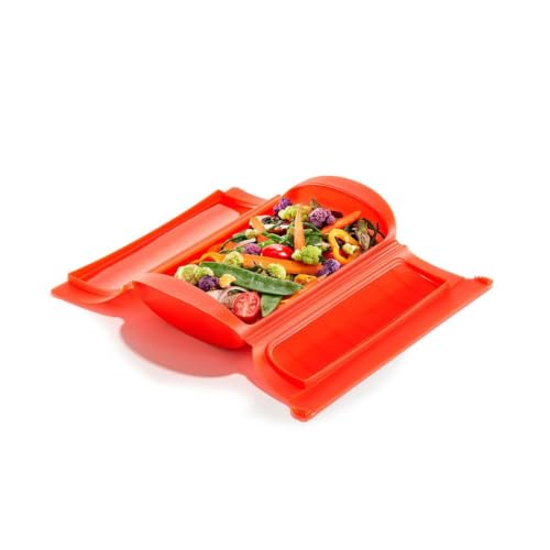 Lékué Estuche de vapor con bandeja, 1-2 personas, silicona platino rojo (650 ml)