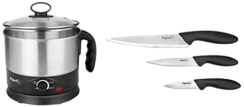 Pigeon by Stovekraft Kessel 1.2-Litre Multi-Purpose Kettle (Silver) 600W, Black & Pigeon by Stovekraft Stainless Steel Kitchen Knives Set, 3-Pieces, Multicolour