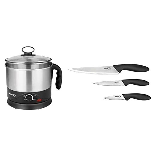 Pigeon by Stovekraft Kessel 1.2-Litre Multi-Purpose Kettle (Silver) 600W, Black & Pigeon by Stovekraft Stainless Steel Kitchen Knives Set, 3-Pieces, Multicolour