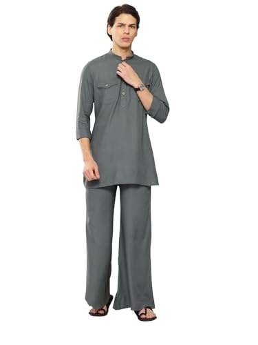 Image of See Designs Men's Long Sleeve Curved Hem Mandarin Collar Rayon Solid Pathani Sets