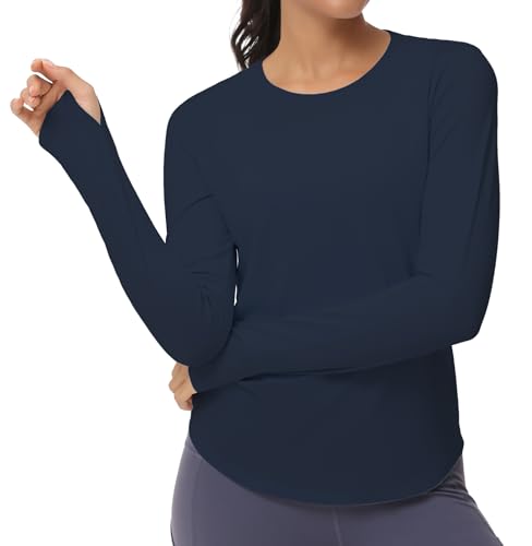 THE GYM PEOPLE Women's Long Sleeve Workout Shirts Athletic Crewneck Hiking Tops with Thumb Hole Navy Blue