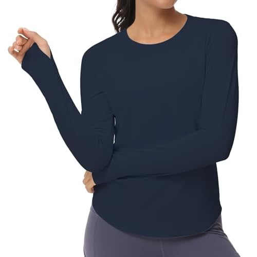 THE GYM PEOPLE Women's Long Sleeve Workout Shirts Athletic Crewneck Hiking Tops with Thumb Hole X-Large Navy Blue