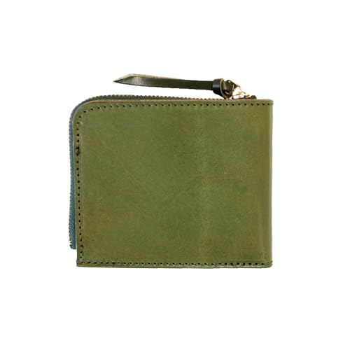 [ゲト] 栃木レザー L字型ファスナー付き二つ折り財布 ミニ財布 日本製 牛革 本革 ベジタブル タンニン 鞣し サイズ10.5×9cm プレゼント ビジネス ファッション小物 (カーキ)