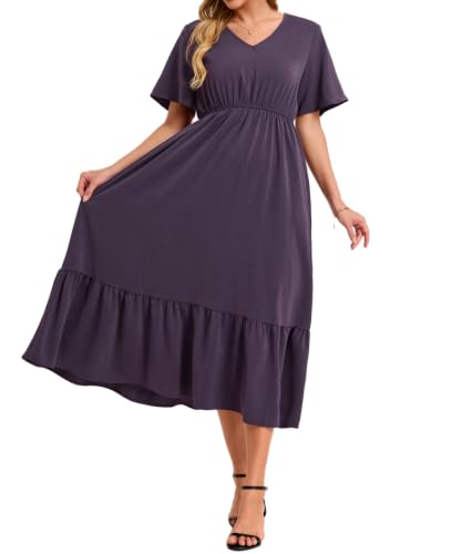 Image of Women's Summer Short Sleeve Maxi Floral Flowy Dresses with Pockets