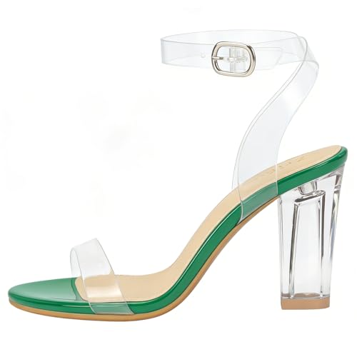 Image of ZriEy Clear Block Sandals Chunky Heels for Women 3.35 Inch Open Toe Adjustable Ankle Strap Pump Sandals for Weddings Parties Daily Wear Green Size 9
