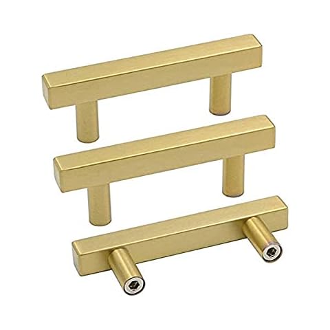goldenwarm Brushed Brass Cabinet Pulls Gold Kitchen Cabinet Hardware - LS1212GD64 Euro Style Bar Handle Pull Gold Cupboard Door Handle 2-1/2" (64mm) Hole Centers,4" Overall Length 10 Pack Cover