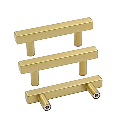 goldenwarm 5Pack Gold Cabinet Handles 2 1/2inch Hole Centers Brushed Gold Drawer Handles for Cabinets Pulls Drawer Pulls Kitchen Cupboard/Dresser Knobs Square T Bar 64mm Richelieu Cabinet Pulls by Goldenwarm - Used condition - CA$11.77