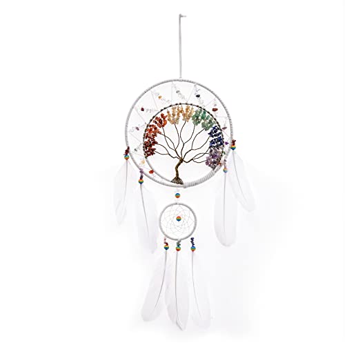 Attrape-rêves en forme d'arbre de vie à 7 chakras Décoration murale avec pierre de cristal de guérison arc-en-ciel Attrape-rêves en forme de plume blanche pour chambre à coucher Cadeau de bénédiction Cover