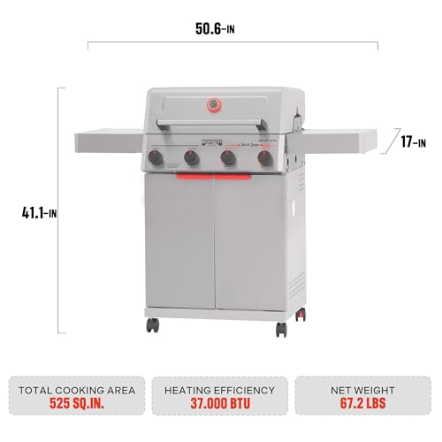 Image of Monument Grills 4 Burner Stainless Steel Propane Mesa2 Gas Grill, 500F in 5 Mins, 525 sq.in, 37,000 BTU, Broil Zone, Foldable Side Shelves, Knob Control, Built in Thermometer, with 5 Accessories