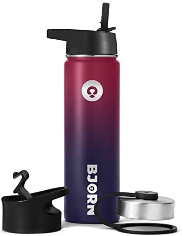 Bjorn Sports Water Bottle - 650ml, 3 Lids, Leak Proof, Vacuum Insulated Stainless Steel, Double Walled, Thermo Mug, Metal Canteen