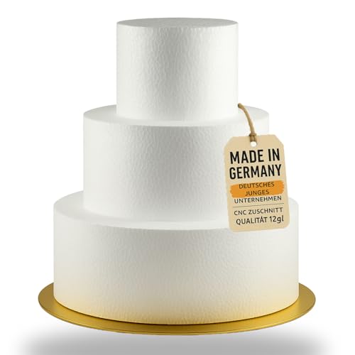 Tarta de poliestireno de 3 pisos con base plateada/dorada, con adhesivo redondo de doble cara, calidad 12 g/l, extra alto 25,5 cm y ancho 22 cm, 22/16 y 10,5 cm (3 pisos con oro)