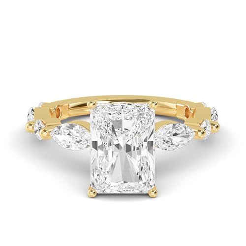 1-5 Carat (ctw) Yellow Gold Radiant Cut LAB GROWN Diamond Side Stone Engagement Ring [ Color E-F, Clarity VS2-SI1 ]