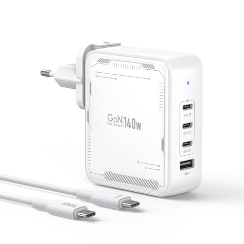 SELORE 140W USB C Ladegerät GaN 4-Port Schnellladegerät mit 2m 140W USB C auf USB C Kabel, PD 3.1 Netzteil für MacBook Pro/Air, iPhone 17/16/15, Samsung S25/S24, iPad, Laptop Ladegerät