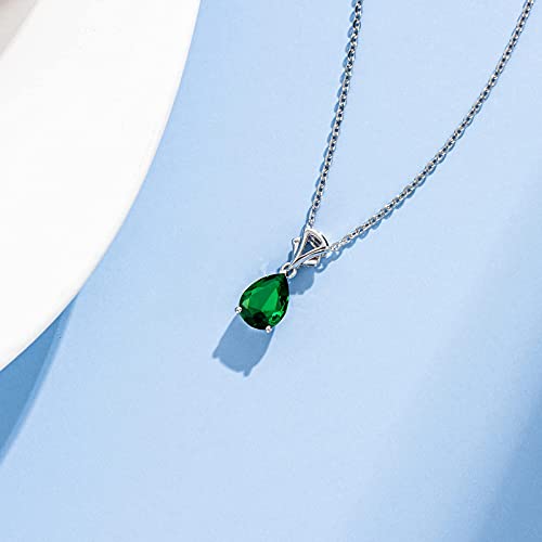 Fancime Created Emerald Necklace 14K Solid White Gold Teardrop Pendant May Birthstone Birthday Gifts For Mom Women Girls, Sterling Silver Chain 16" + 2" Extender #TOP4