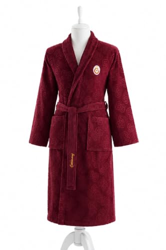 TAÇ Galatasaray SK Jacquard-Bademantel mit Schalkragen Größe M Morgenmantel aus 100% Baumwolle Hochwertiges eingewebtes GS-Muster Rot Gelb