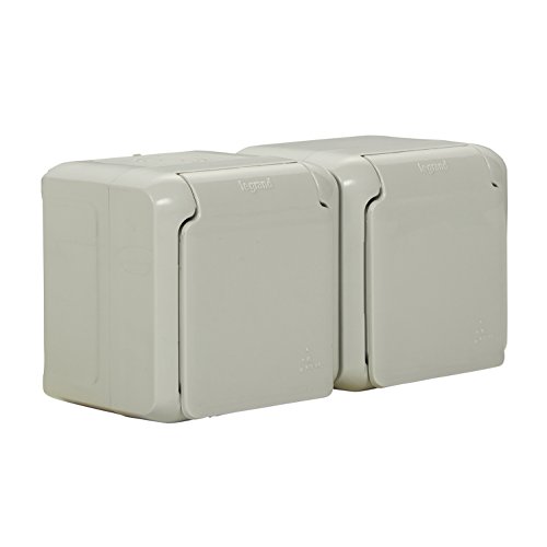 Legrand Forix 782394 -Enchufe doble de pared 16 A, Superficie, IP44 impermeable, con tapa de color gris
