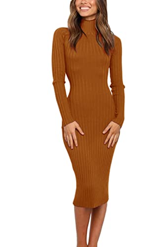 Image of MEROKEETY Women's Ribbed Long Sleeve Sweater Dress High Neck Slim Fit Knitted Midi Dress