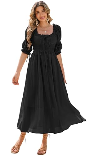 Robe d'Été Femme R.Vivimos Col Carré Style Cottagecore Noir XL