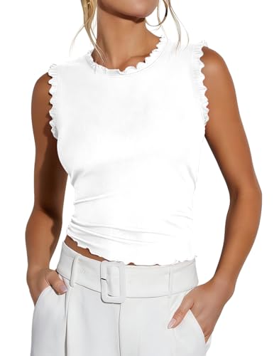 Ezbelle Womens Summer Tops Business Casual Shirt Basic Slim Fit Ribbed Knit Sleeveless Ruffle Shirts Vacation Beach White Small