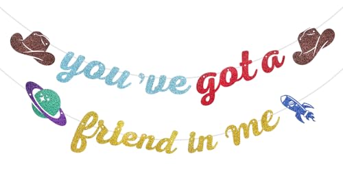 Glitter You've Got A Friend in Me Banner Cartoon Story Friend Birthday Banner Friendship Anniversary Party Decorations Toy Inspired Game Party Supplies Classroom Decorations