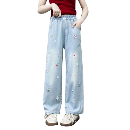 Flare Denim Jeans Fot Girls Kids Wide Leg Elastic High Waist Denim Pants Butterfly Pearl Design Jeans Summer Autumn