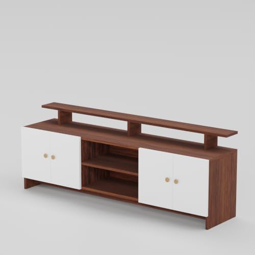 Image of Modern TV Unit for Living Room | Wooden TV Cabinet with Open Shelf & Storage | Entertainment Unit | Assembly-DIY | Color-Cherry Pine & White