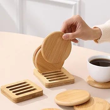 Bamboo Coasters Set of 6 with Holder for Drinks - Round Wooden Drink Coasters for Wooden Table, Coffee Table, Bar - Cup Mats for Hot Cold Drinks, Tabletop Protection, Housewarming Gift-image-16