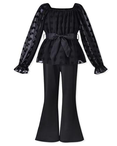 Image of HIHA Girls Fall Clothes Long Sleeve Chiffon Swiss Dot Top Black Flare Legging Pants Set