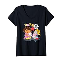 Womens Dora the Explorer Boots the Monkey Flowers in the Rain V-Neck T-Shirt