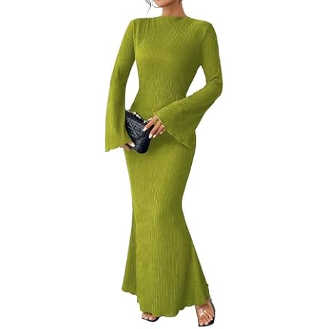 Narecte Fall Dresses for Women 2024 Maxi Dresses Solid Color Boho Dresses Flare Sleeve Dress Bodycon Dresses Green L Cover