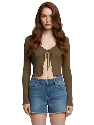 Image of GLOWSTITCH Women's Cropped Tie-Front Shrug Cardigan | Soft Ribbed Knit Long Sleeve V-Neck Top | Stylish Summer Cardigan, Casual Beach & Vacation Wear | Shrug for Woman