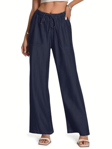 Image of TOPLOT Woman's Wide Leg Drawstring Trousers with Elastic Waist | Relaxed Fit Casual Pants with Pockets | Comfortable Everyday Wear for Travel and Office Wear (5251)