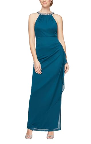 Image of Mesh Dress with Beaded Halter Style Neckline and Cascade Ruffle Detail Skirt