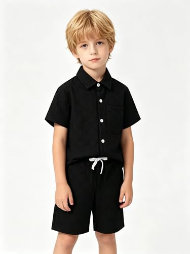 Image of Boys 6 Pieces Summer Beach Outfits Short Sleeve Button Down Shirts and Shorts Vacation Texture Sets for Kids