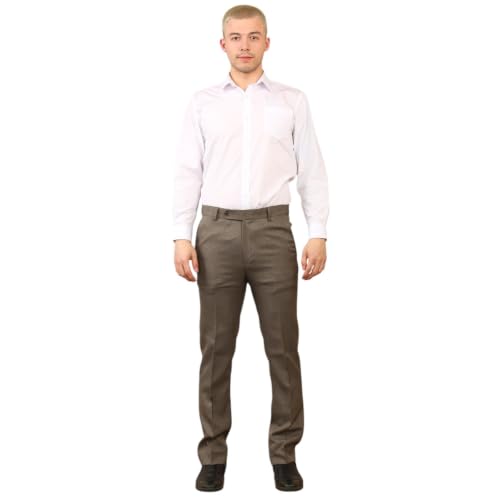 Image of Mens Classic Fit Expandable Waist Flat Front Dress Trouser Adjustable Hidden Elastic Comfort Waist Formal Casual Business Office Work Home Smart Straight Leg Everpress Slim Pants(Brown, 38/29)
