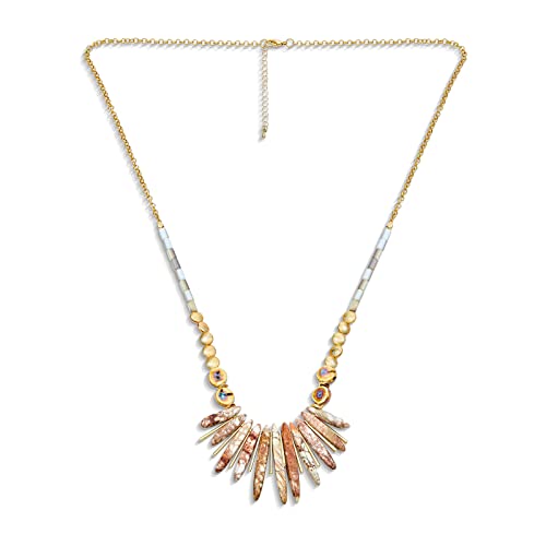 Tribal Earthy Organic Natural Tumble Rock Desert Jasper Spike Gemstone Irregular Beads Stone Fan Statement Collar Choker Bib Necklaces Western Jewelry For Women Teens Gold Plated Bead & Clasp #TOP1